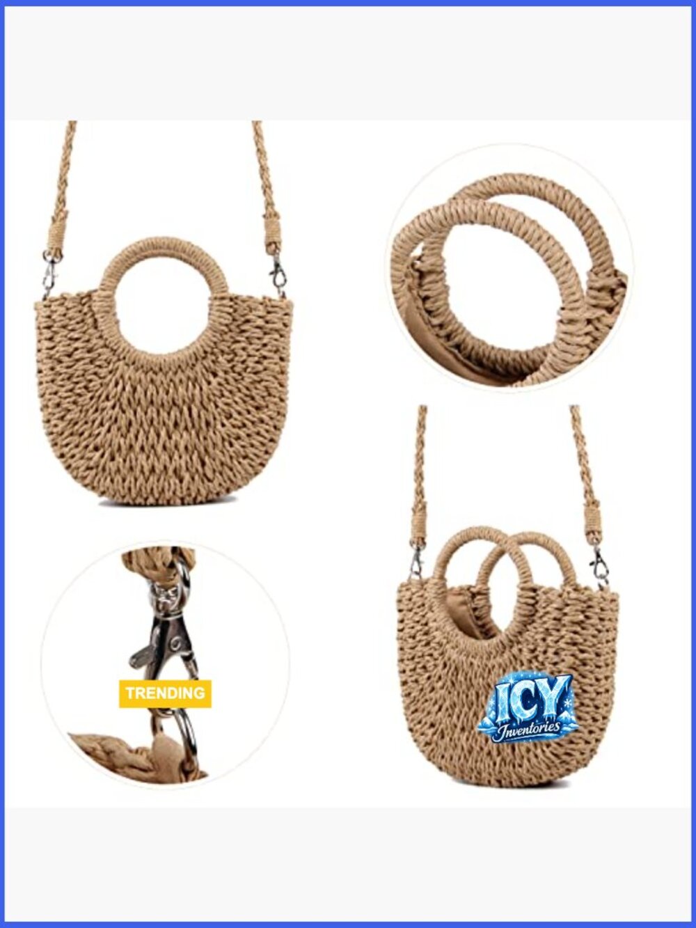Straw Beach Tote Handbag Hobo Bag Handwoven Small Purse with Strap - Picture 6 of 7